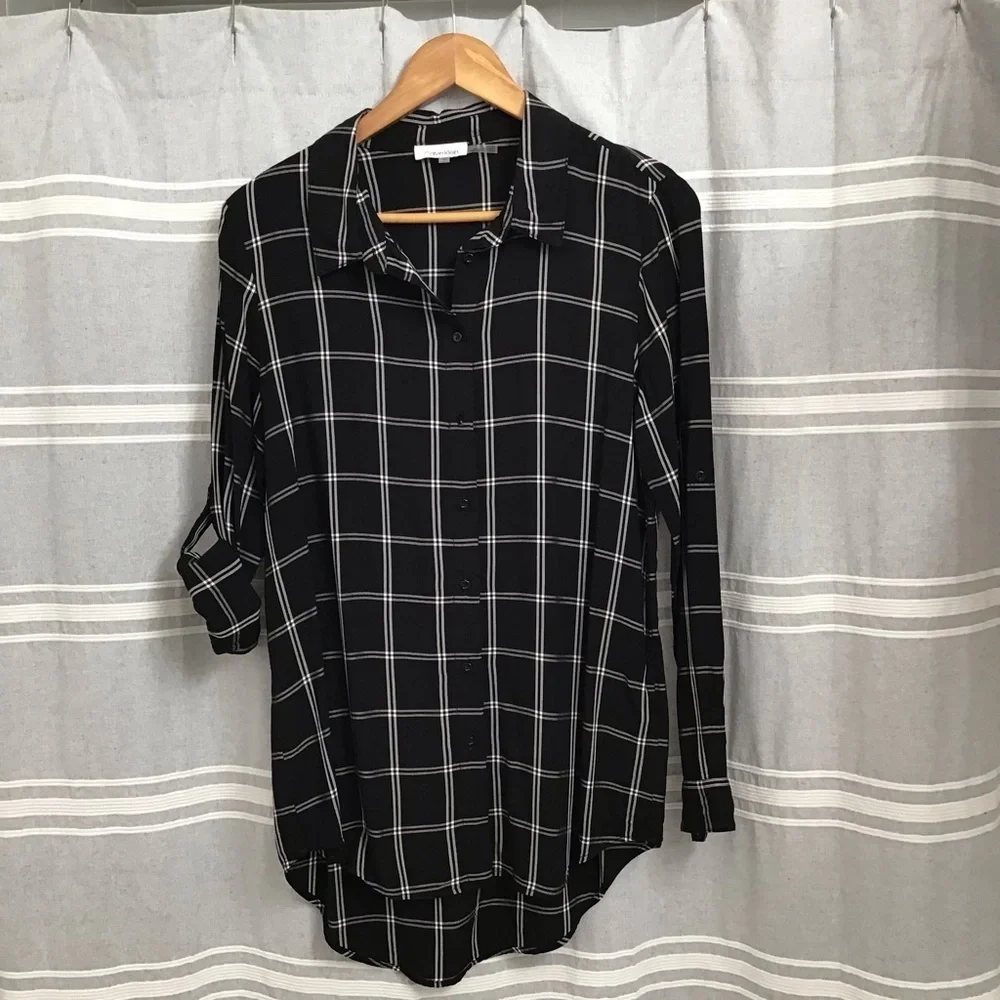 CALVIN KLEIN / Black & White Striped Long Sleeve Button Down Size XS